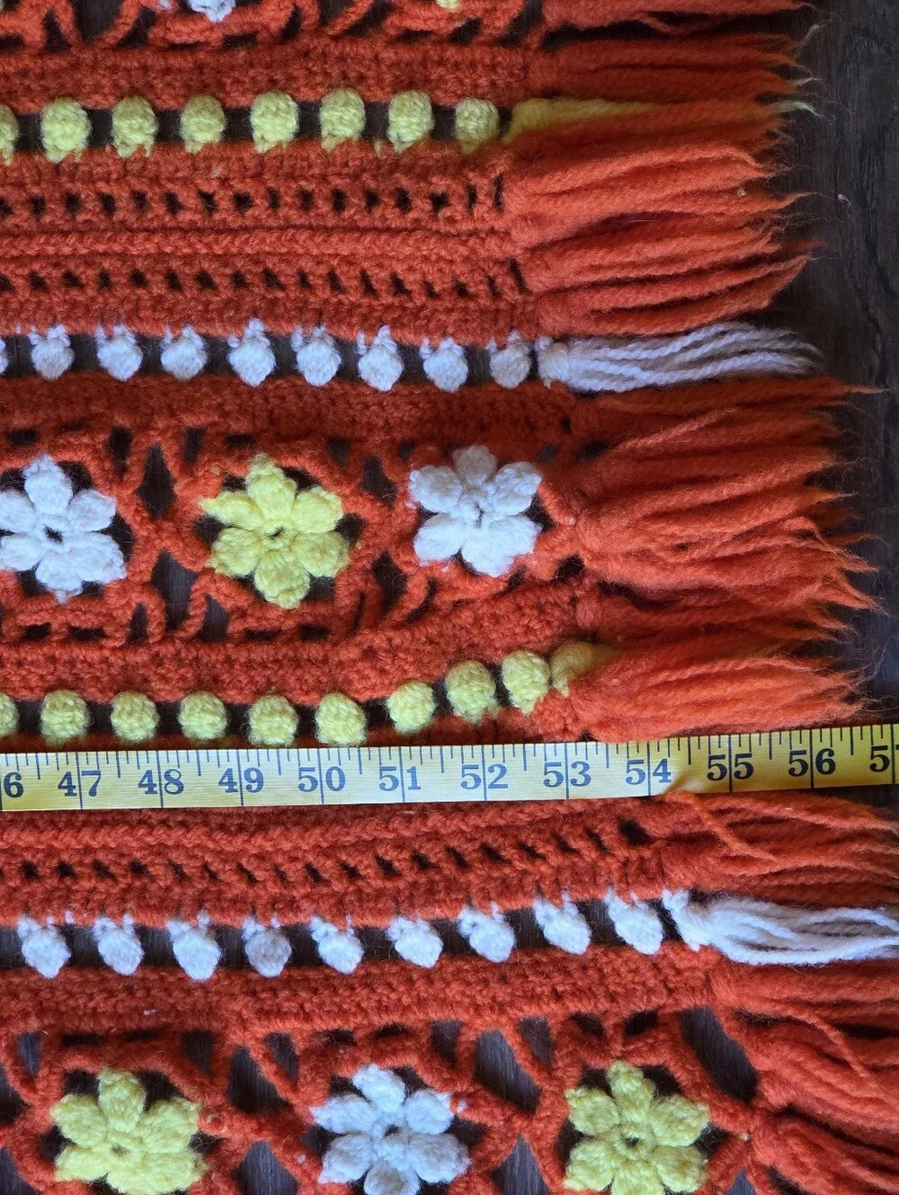 Vintage 70s Style Crochet Flower Pattern Orange Yellow Afghan Blanket w/Fringe